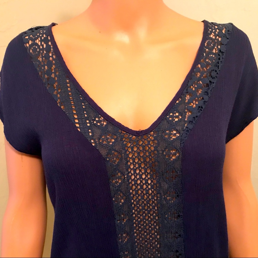 Francesca’s Blue V Neck Top w/Lace Details